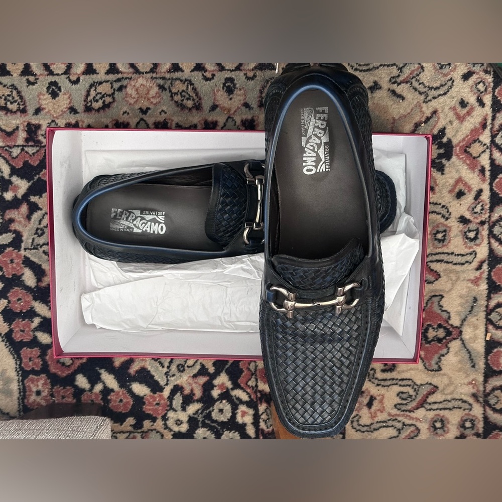Salvatore Ferragamo Horse Bit Parigi Men’s Blue Woven Leather Loafer Size 13 D - Picture 6 of 15